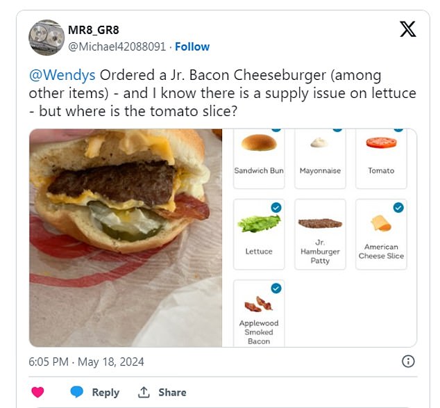 A Wendy's customer was missing tomatoes and lettuce on a burger