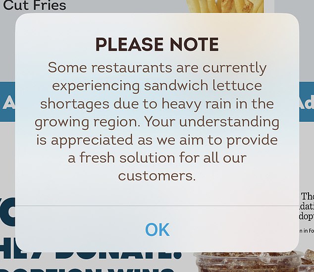 Wendy's warns of lettuce shortages when customers open its app. Ordering kiosks in restaurants also carry the warning, and waiters who take orders are also supposed to notify customers.