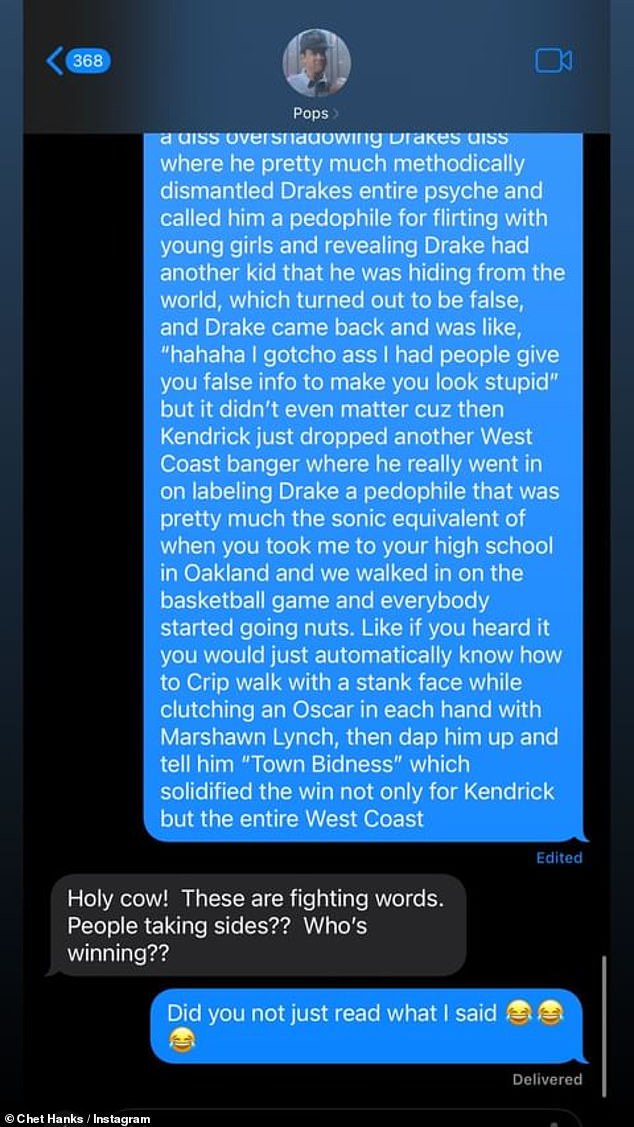 Tom replied: 'Holy shit! Those are fighting words! Do people take sides? Whose winner???' with Chet responding: 'Didn't you just read what I said?' followed by three laughing and crying emojis'