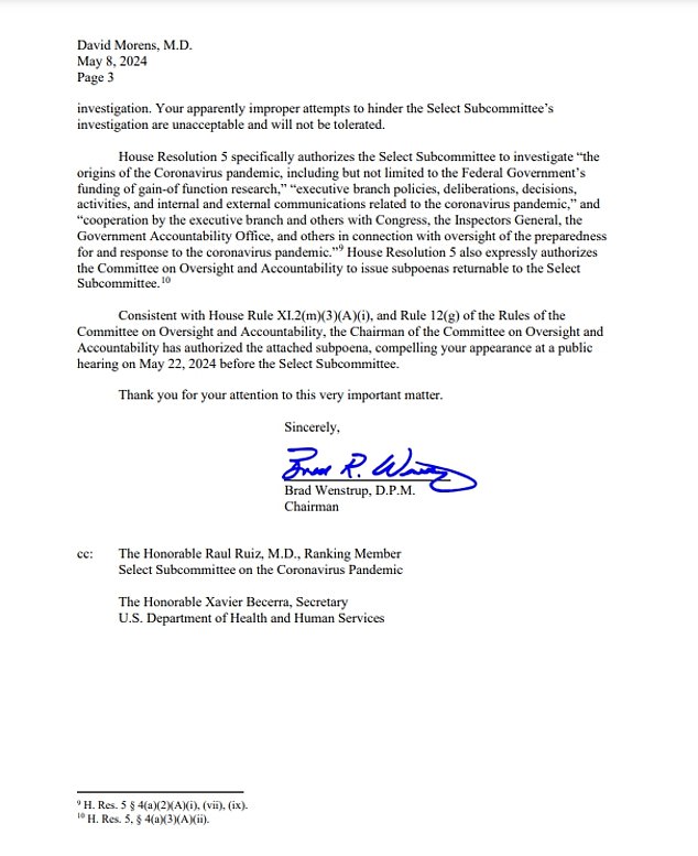 Congressman Brad Wenstrup has issued two subpoenas to Morens: one for all of his Gmail correspondence about the origins of COVID-19 and another to force him to testify before the committee on May 22.