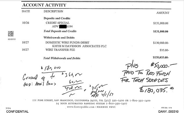 The handwritten note showing what Cohen was paid for, including $50,000 for Red Finch. This was introduced during the early part of the trial, but resurfaced on Monday.