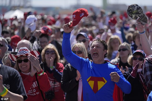 Supporters of former President Donald Trump applaud during the playing of the national anthem before his appearance Saturday in Wildwood.