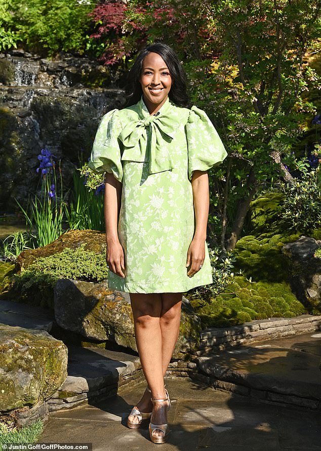 Former CBBC presenter Angellica Bell (pictured) looked chic in a green floral mini dress with elegant puff sleeves and a statement bow.