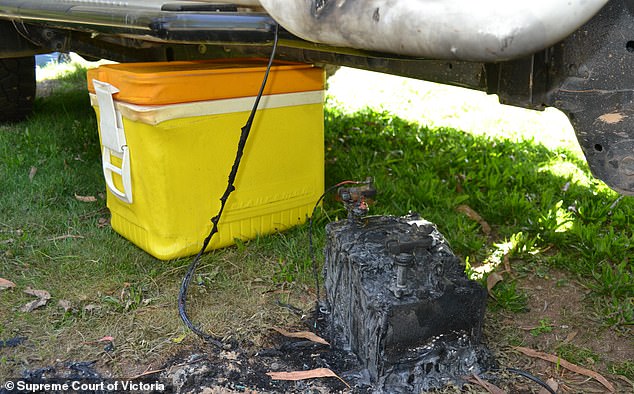 The burned remains of Mr Hill's Esky and a battery.