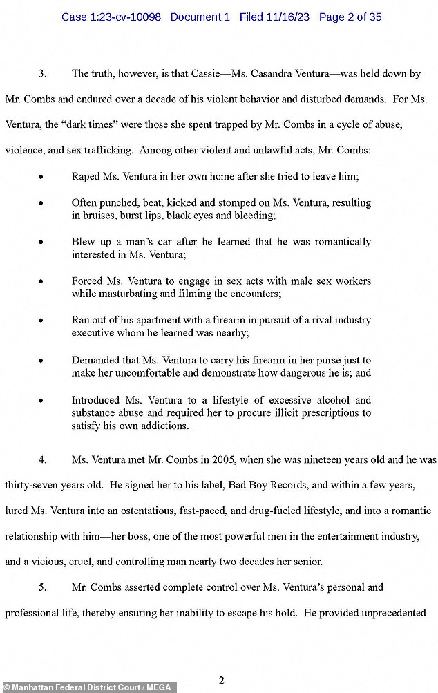 Ventura's lawsuit claims she was ordered to have sex with several men, sometimes wearing masks and costumes, while Combs watched, masturbated and filmed.