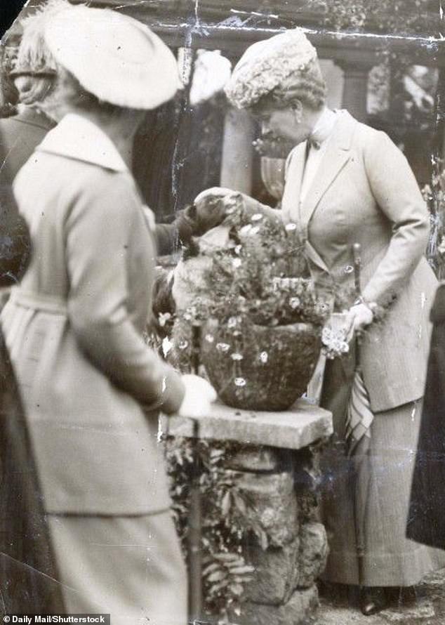 Queen Mary stops at the Chelsea Flower Show in 1920 to pet a friendly dog