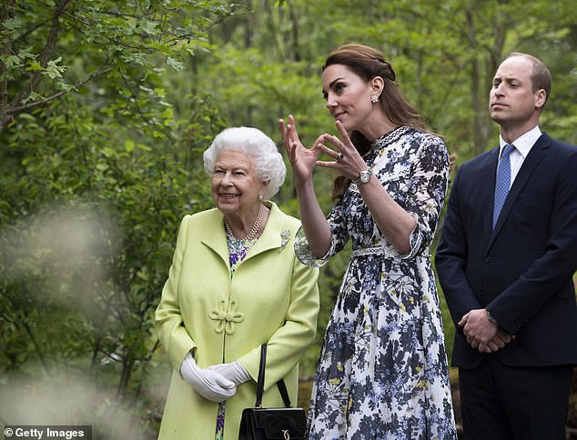 The late Queen visits Catherine's Back To Nature exhibition, as Prince William looks on in 2019.