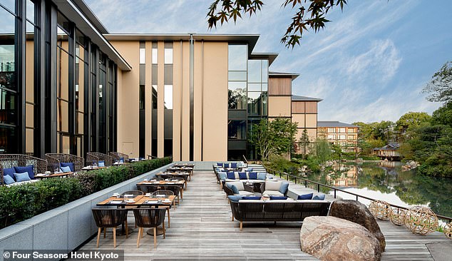 The indoor, upper and outdoor dining areas of Emba Kyoto Chophouse, overlooking the lake