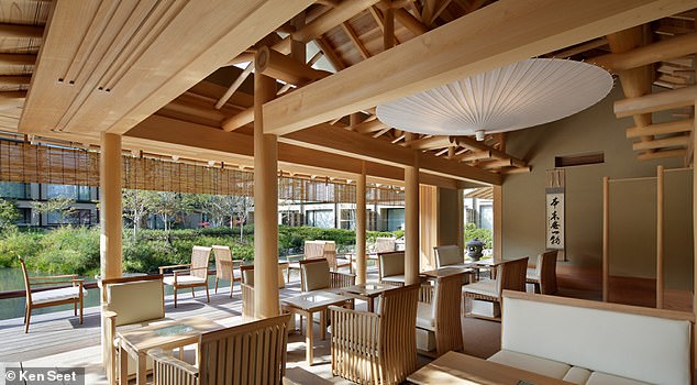 Inside the serene Fuju Hall, overlooking the gardens.