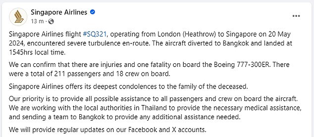 In a statement on Facebook (pictured), Singapore Airlines confirmed the emergency landing.