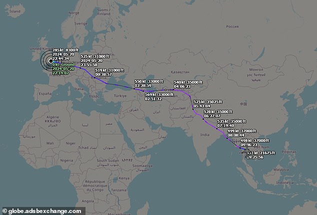 This flight tracker showed the plane's route from London before diverting to Suvarnabhumi International Airport in Bangkok.