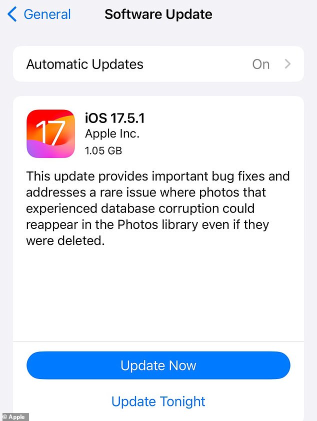 The update, called iOS 17.5.1, was quietly released by Apple and also contains 