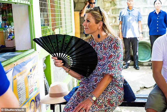 Queen Maxima, looking typically radiant, kept the heat at bay by waving her large fan while