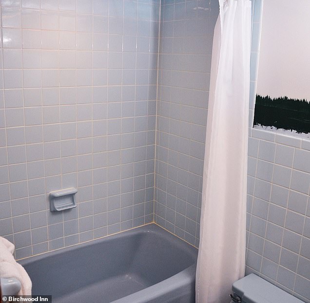 The above design of a bathroom at the Birchwood Inn, fitted with light blue tiles.