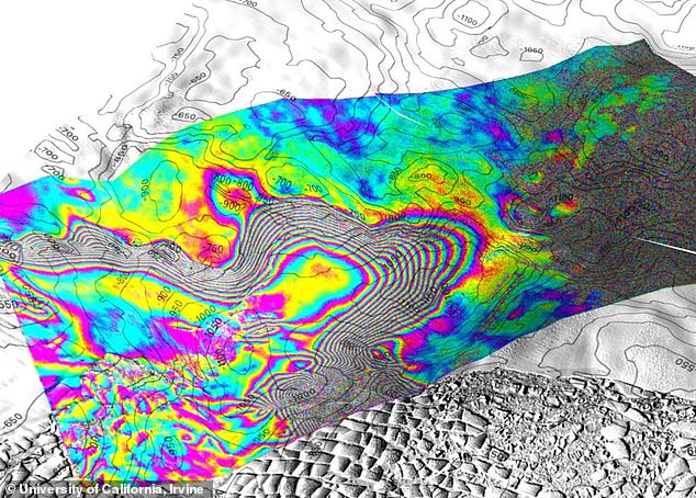 The team used satellites and radar technology to track changes in surface elevation and found that water had raised parts of the glacier about seven miles. Satellite images (pictured) captured warm seawater flowing under the glacier like a tide coming in and out.