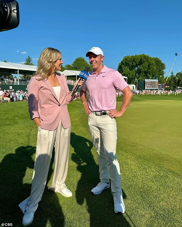 Dressed in a blush top that matched McIlroy's, Balionis noted that he was wearing her 'Mother's Day' rose and asked her to pay tribute to his mother, Rosie, but made no mention of his now estranged wife and mother of his children. three children. one year old daughter, Poppy