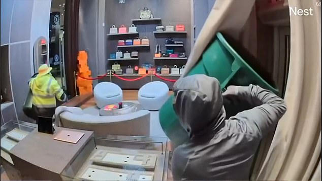 Recently released security footage from the Maison Wrist Aficionado store inside the Setai Hotel in Miami Beach showed two shoplifters stacking the bags into green bins.