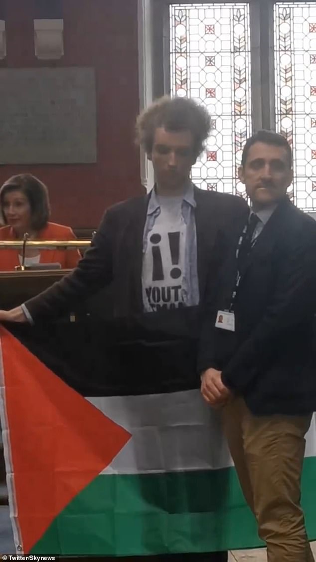 The California Democrat was giving a speech to the debating society in Oxford as protesters walked right in front of her podium, silently holding Palestinian flags, until they were escorted out by security.