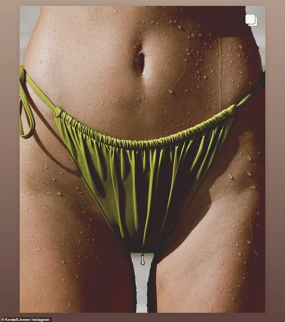 A photo of the briefs was seen up close while her legs were wet from a dip in the pool.