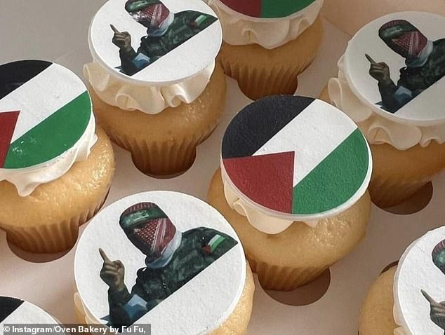 The large cake and matching cupcakes (pictured) featured the Palestinian flag and Hamas spokesman Abu Ubaida.