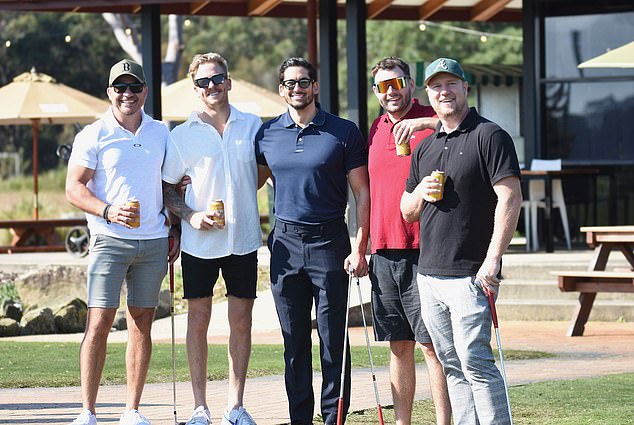 In a show of camaraderie, Duncan was joined by his fellow MAFS boyfriends (pictured left to right), Dan Hunjas and Cameron Woods, Cameron Merchant, Tristan Black and Dean Wells.