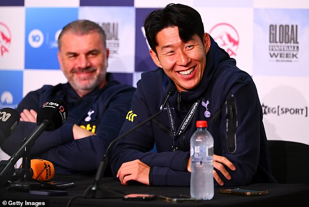 The unofficial 'No Sherrin' rule is in place to prevent visitors from starting to promote a rival code (pictured, Ange Postecoglou with Son Heung-min in Melbourne)