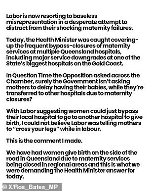 Bates said her comment was related to Queensland's maternity crisis.