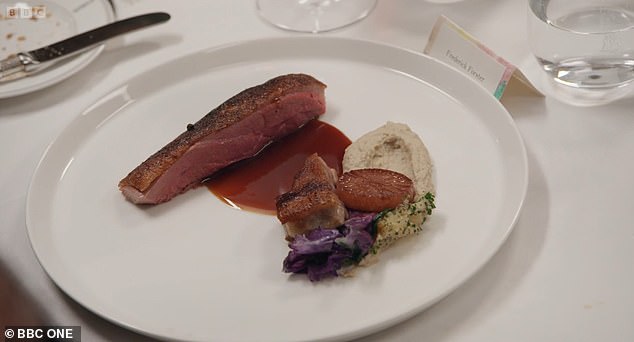 But one dish caught the eye: circus performer Chris' poached and roasted spiced duck breast, served with crispy duck leg.