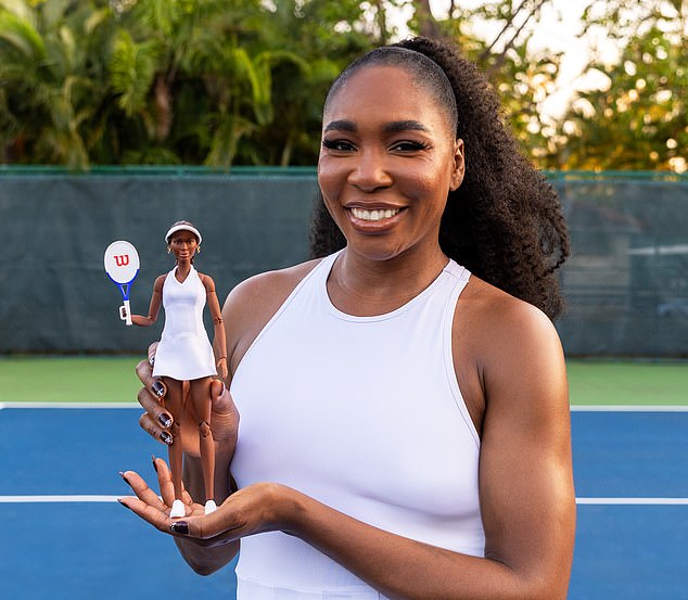 Williams' doll features the tennis star wearing a white plush dress, a white visor and white lace-up sneakers, as well as statement gold earrings.