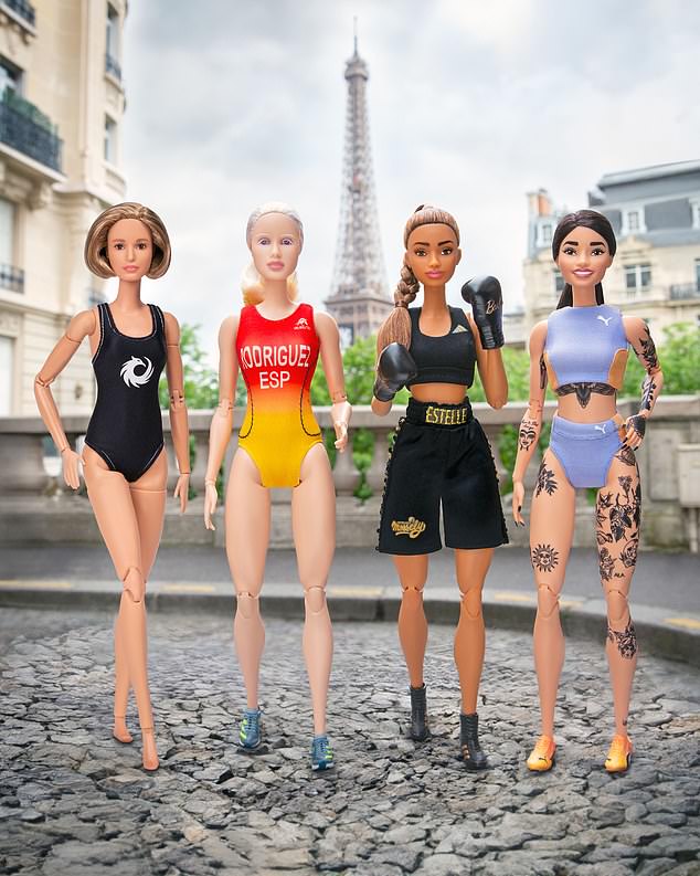 The new line of sports Barbie dolls includes (LR) Italian swimmer Federica Pellegrini, Spanish paratriathlete Susana Rodríguez, French boxer Estelle Mossely and Polish sprinter Ewa Swoboda.