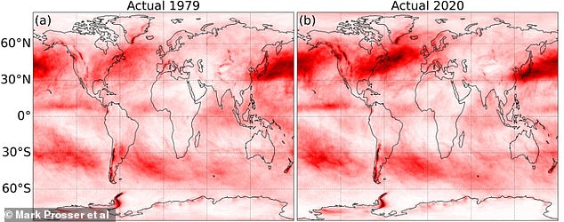 Researchers at the University of Reading found that severe turbulence has increased percentage wise over four decades. Shown, average annual probabilities of encountering moderate or greater clear air turbulence (CAT) in (a) the year 1979 and (b) the year 2020 (darker areas in red indicate a higher probability)