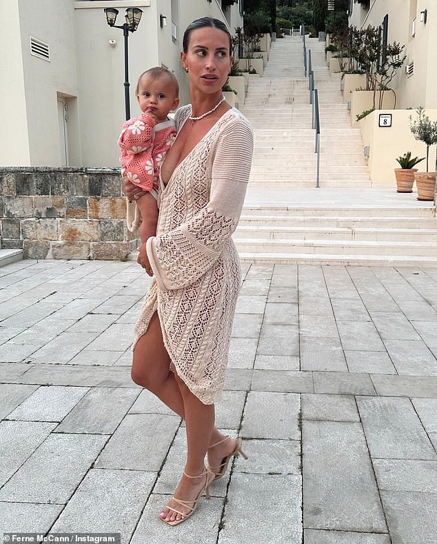 The blonde beauty, mother of six-year-old Sunday and 10-month-old Finty, stunned by showing off her incredible figure in a cream lace beach dress while exploring with her family.