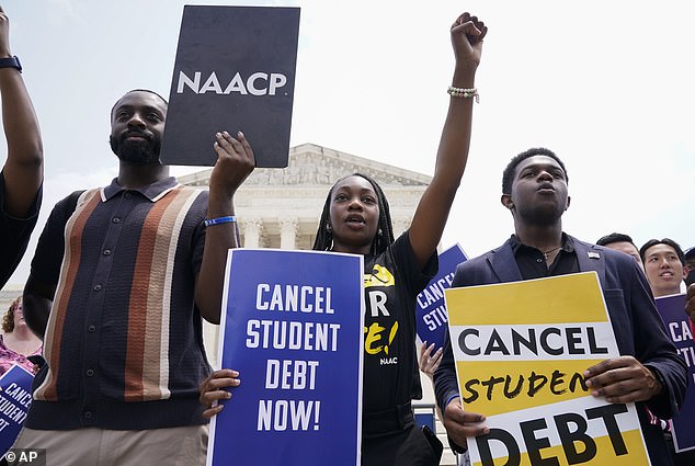 Student protesters outside the Supreme Court on June 30, 2023. Last year, the Supreme Court blocked President Biden's original student loan debt relief plan.