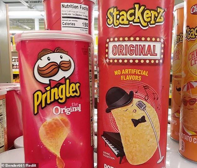 Aldi is known for selling various imitation products at significantly reduced prices. Pictured, Pringles on the left and the Aldi knockoff product on the right.