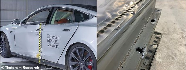 Thatcham Research showed the impact of a low-gravity impact on a Tesla and the damage it can cause to the battery case, which would then need to be repaired or replaced.