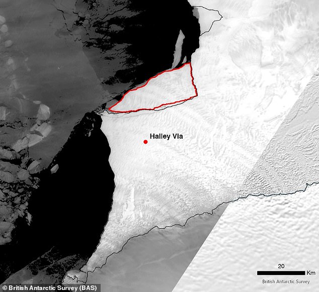 The outline of the new iceberg is shown in red. Nearby is Halley VI, a relocatable research station operated by the British Antarctic Survey (BAS).