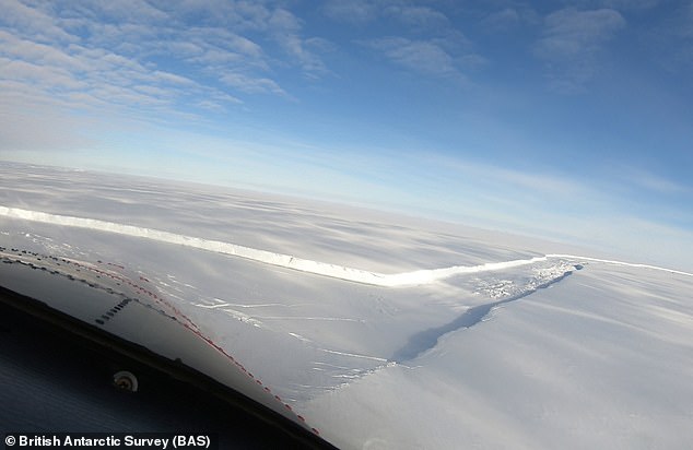 Pictured is a still image from a flyover video of a huge chasm that appeared on the Brunt Ice Shelf, filmed in January 2023.