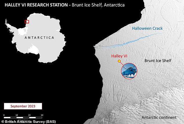 The horizontal crack is called Halloween Crack because it was discovered on October 31, 2016 and is approximately 30 miles long. This image shows the crack in September 2023.