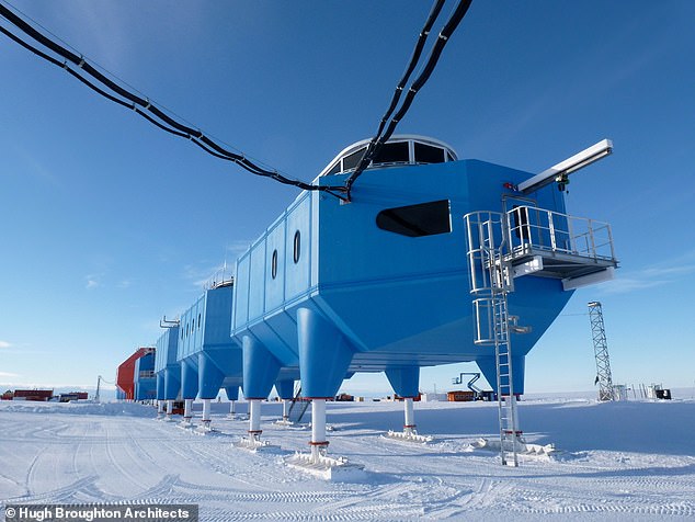 The Halley VI station consists of eight units, each of which sits on skis so they can be easily maneuvered away from the edge of the ice shelf when necessary.