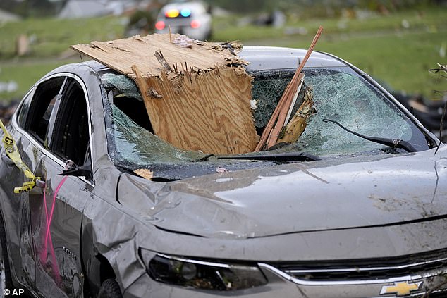 Car Damaged by Flying Debris During Greenfield Tornadoes