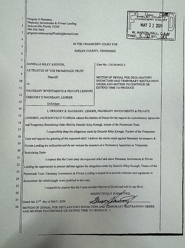 The one-page fax signed by Gregory E. Naussany and received by the court today read: 