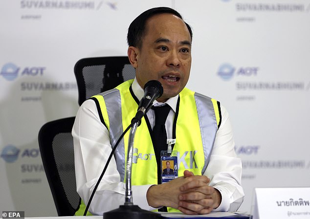 Suvarnabhumi Airport General Manager Kittipong Kittikachorn speaks to the media during a press conference following the diversion of the flight from London to Singapore.