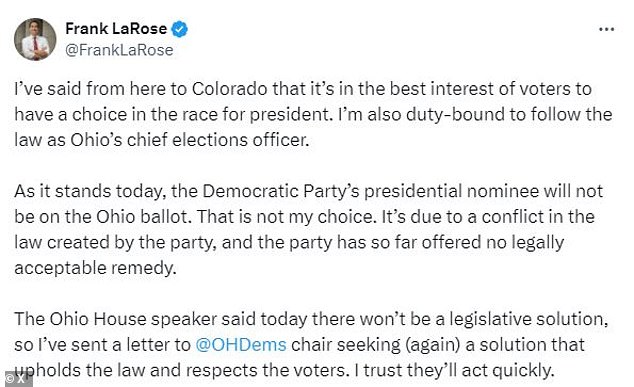 LaRose warned that Biden risks not being on the presidential ticket if immediate action is not taken and said the Democratic Party has not offered a legally acceptable remedy so far.