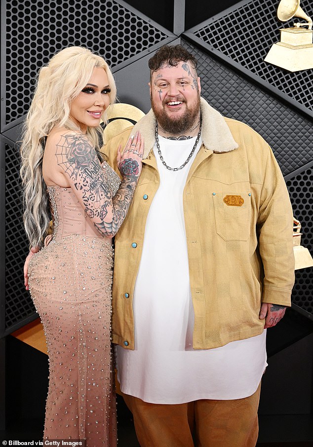 Jelly Roll and his wife Bunnie were photographed at the Grammys in Los Angeles in February.