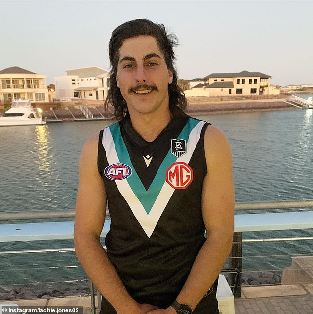 Lachie Jones' distinctive hairstyle and bristly mustache have made him a firm favorite among Port Adelaide fans.