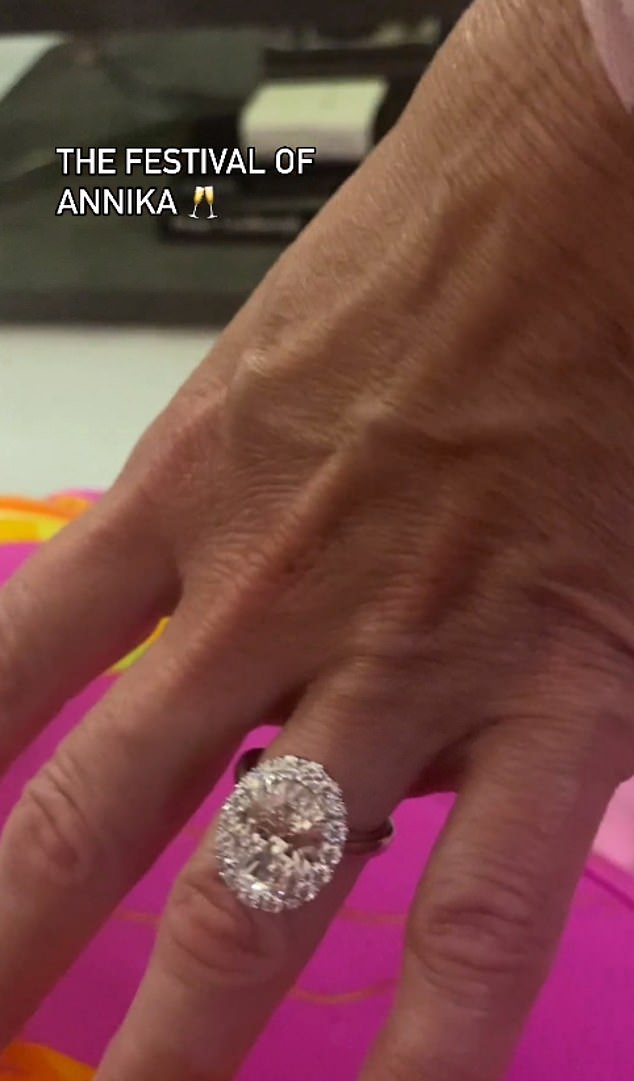 While the couple are yet to confirm the happy news, Annika, who was previously married to cricketer Damien Martyn, has since been showing off a huge diamond engagement ring (pictured) on social media.