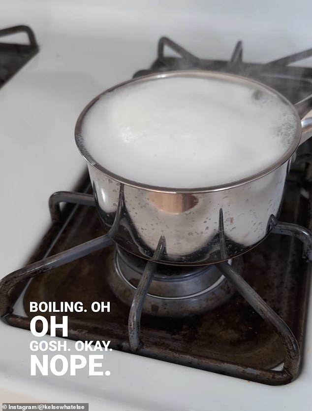 However, Kelsey raised some eyebrows when she began mixing cold water and milk in a pot before boiling it into a foamy mixture.