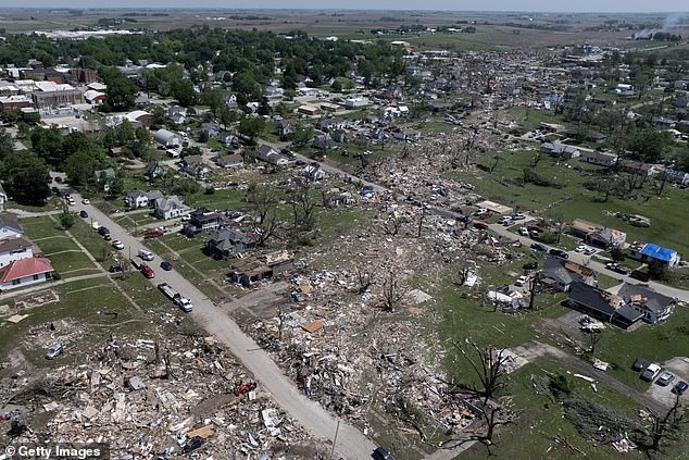 An aerial view shows the devastation left in Greenfield.