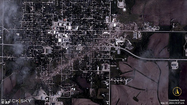 This satellite photo taken by a BlackSky Technology satellite shows the trail of destruction left by the tornado