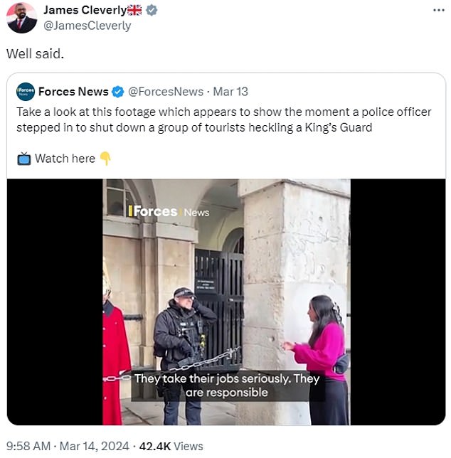 In March, Home Secretary James Cleverly backed an armed police officer who reprimanded tourists for 